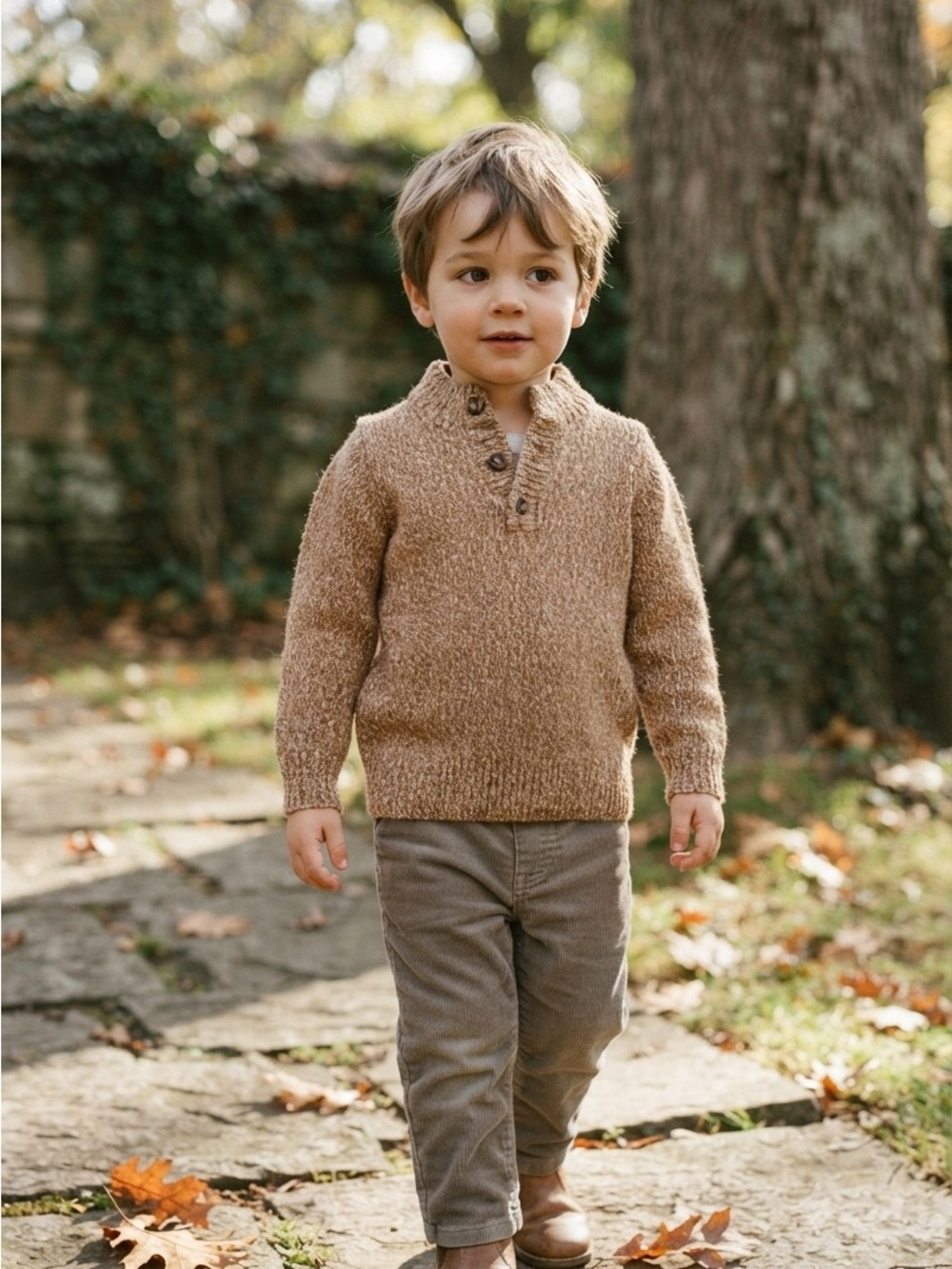 CARTERS | 100% Cotton Sweater | Camel Brown Button-Neck Toddler Sweater